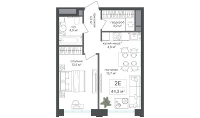 Планировка двухкомнатной(квартира) площадью 44.3 квадратных метров в ЖК “ЖК Михалковский”