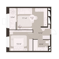 Планировка однокомнатной(квартира) площадью 43.7 квадратных метров в “ЖК Гранд Комфорт”