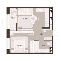 Планировка однокомнатной(квартира) площадью 43.7 квадратных метров в ЖК “ЖК Гранд Комфорт”