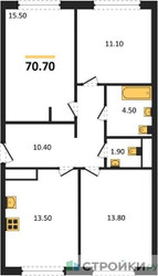 Планировка трехкомнатной(квартира) площадью 70.7 квадратных метров в ЖК “ЖК Сиреневый парк”