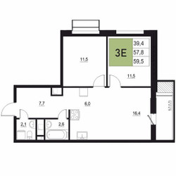 Планировка трехкомнатной(квартира) площадью 59.5 квадратных метров в ЖК “ЖК Вяземы Парк”