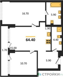 Планировка двухкомнатной(квартира) площадью 64.4 квадратных метров в ЖК “ЖК River Park Кутузовский (Ривер Парк Тауэрс)”