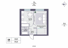 Планировка однокомнатной(квартира) площадью 35 квадратных метров в “ЖК Новое Замитино (ЗаМитино)”