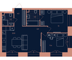 Планировка трехкомнатной(квартира) площадью 60.4 квадратных метров в “Квартал Эра”