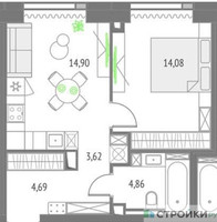 Планировка однокомнатной(квартира) площадью 41.87 квадратных метров в “ЖК Upside Towers (Апсайд Тауэрс)”