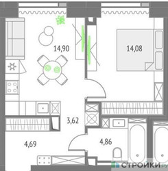 Планировка однокомнатной(квартира) площадью 41.87 квадратных метров в ЖК “ЖК Upside Towers (Апсайд Тауэрс)”