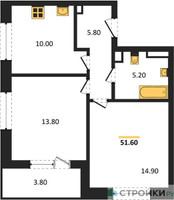 Планировка двухкомнатной(квартира) площадью 51.6 квадратных метров в “Жилые кварталы Белый Град”