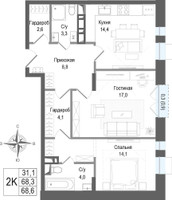 Планировка двухкомнатной(квартира) площадью 68.3 квадратных метров в “ЖК КИНОКВАРТАЛ”