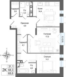 Планировка двухкомнатной(квартира) площадью 68.3 квадратных метров в ЖК “ЖК КИНОКВАРТАЛ”