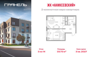 Планировка двухкомнатной(квартира) площадью 33.73 квадратных метров в “ЖК Аникеевский”