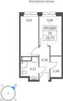 Планировка однокомнатной(апартаменты) площадью 29.75 квадратных метров в “ЖК Волковская 67”