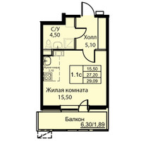 Планировка однокомнатной(апартаменты) площадью 29.1 квадратных метров в “ЖК Кашинцево”