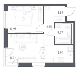 Планировка однокомнатной(квартира) площадью 39.34 квадратных метров в ЖК “ЖК Квартал Западный”