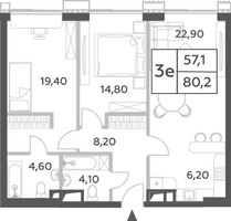 Планировка трехкомнатной(квартира) площадью 80.2 квадратных метров в “ЖК Will Towers (Вилл Тауэрс)”