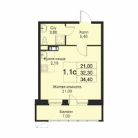 Планировка студии(апартаменты) площадью 34.4 квадратных метров в “ЖК Кашинцево”