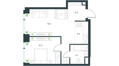 Планировка двухкомнатной(квартира) площадью 44 квадратных метров в ЖК “ЖК Левел Мичуринский”