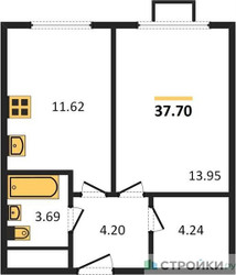 Планировка однокомнатной(квартира) площадью 37.7 квадратных метров в ЖК “ЖК Одинград. Квартал Семейный”