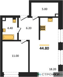 Планировка однокомнатной(квартира) площадью 44.8 квадратных метров в ЖК “ЖК Шагал”