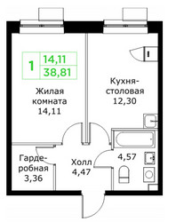 Планировка однокомнатной(квартира) площадью 38.81 квадратных метров в ЖК “ЖК КИТ 2”