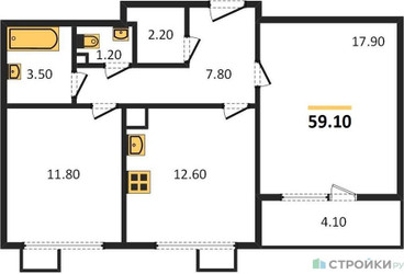 Планировка двухкомнатной(квартира) площадью 59.1 квадратных метров в ЖК “ЖК 1-й Ленинградский (Первый Ленинградский)”