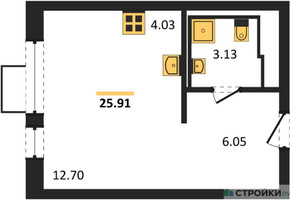 Планировка студии(квартира) площадью 25.91 квадратных метров в “ЖК Пригород Лесное”