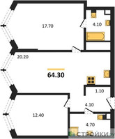 Планировка двухкомнатной(квартира) площадью 64.3 квадратных метров в “Акценты”