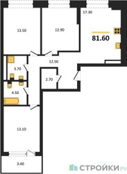 Планировка трехкомнатной(квартира) площадью 81.6 квадратных метров в ЖК “ЖК Символ”