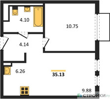 Планировка однокомнатной(квартира) площадью 35.13 квадратных метров в “ЖК Пригород Лесное”