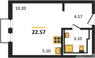 Планировка студии(квартира) площадью 22.57 квадратных метров в “ЖК Пригород Лесное”