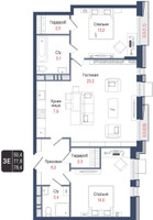 Планировка трехкомнатной(квартира) площадью 77.8 квадратных метров в “ЖК КИНОКВАРТАЛ”