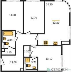 Планировка трехкомнатной(квартира) площадью 81.9 квадратных метров в ЖК “ЖК Nagatino i-Land (Нагатино ай-лэнд)”