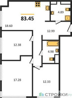 Планировка трехкомнатной(квартира) площадью 82.97 квадратных метров в “ЖК 1-й Нагатинский (Первый Нагатинский)”
