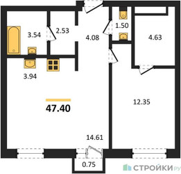 Планировка однокомнатной(квартира) площадью 47.4 квадратных метров в ЖК “ЖК М_5”