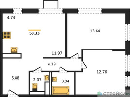 Планировка двухкомнатной(квартира) площадью 58.33 квадратных метров в “ЖК Прибрежный Парк”