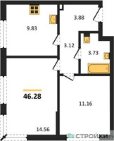 Планировка двухкомнатной(квартира) площадью 46.28 квадратных метров в “ЖК Одинград. Квартал Семейный”
