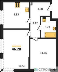 Планировка двухкомнатной(квартира) площадью 46.28 квадратных метров в ЖК “ЖК Одинград. Квартал Семейный”