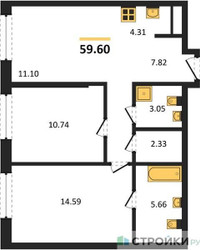 Планировка двухкомнатной(квартира) площадью 59.7 квадратных метров в ЖК “ЖК Self (Селф)”
