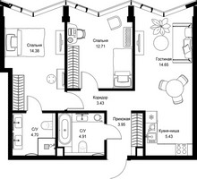 Планировка двухкомнатной(квартира) площадью 64.16 квадратных метров в “Дом премиум-класса МИРА”