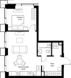 Планировка однокомнатной(квартира) площадью 46.6 квадратных метров в ЖК “Мультиквартал СИТИДЗЕН”