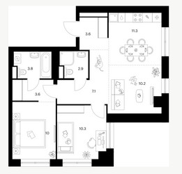 Планировка двухкомнатной(квартира) площадью 62.8 квадратных метров в ЖК “Нарвин”