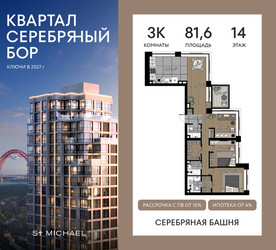 Планировка трехкомнатной(квартира) площадью 81.6 квадратных метров в ЖК “ЖК Квартал Серебряный бор”