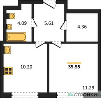 Планировка однокомнатной(квартира) площадью 35.55 квадратных метров в “ЖК Мытищи Парк”