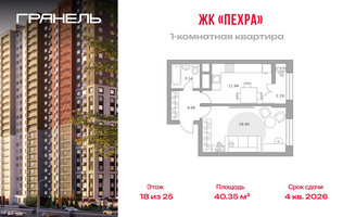 Планировка однокомнатной(квартира) площадью 40.35 квадратных метров в “ЖК Пехра”