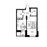 Планировка однокомнатной(квартира) площадью 38.4 квадратных метров в “ЖК Космос”