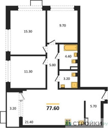 Планировка трехкомнатной(квартира) площадью 77.6 квадратных метров в ЖК “ЖК Прокшино”