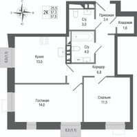 Планировка двухкомнатной(квартира) площадью 57.3 квадратных метров в “ЖК КИНОКВАРТАЛ”