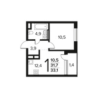 Планировка однокомнатной(квартира) площадью 33.1 квадратных метров в “Новые Ватутинки. Заречный”
