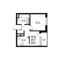 Планировка однокомнатной(квартира) площадью 33.1 квадратных метров в ЖК “Новые Ватутинки. Заречный”