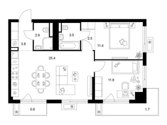 Планировка двухкомнатной(квартира) площадью 63.4 квадратных метров в ЖК “ЖК Алтуфьевское 53”