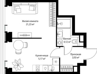 Планировка однокомнатной(квартира) площадью 34.45 квадратных метров в ЖК “Мультиквартал СИТИДЗЕН”